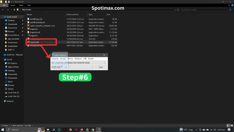 screenshot of how to download and install spotify++ ipa in iphone using cidiaimpactor step 6